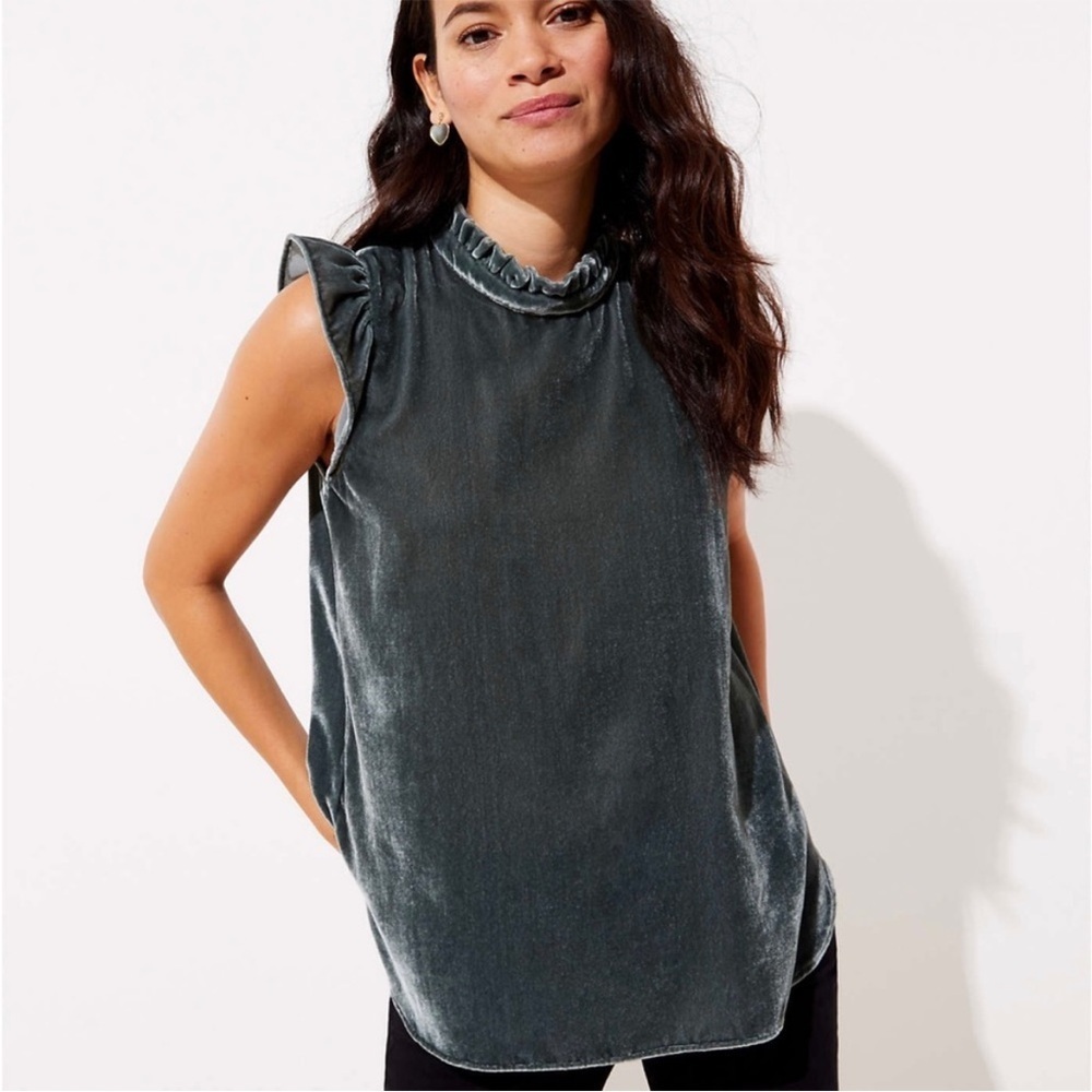 LOFT Gray Green Velvet High Neck Ruffle Sleeveless Shell Top size Small NWT